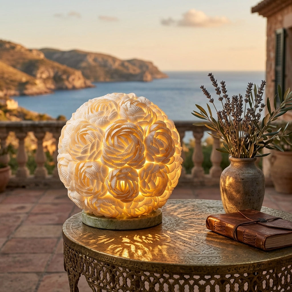 A glowing spherical lamp with carved floral rose patterns sits on an ornate round table on a stone terrace, with a sea and rocky coastline in the background and a vase of dried stems beside it.