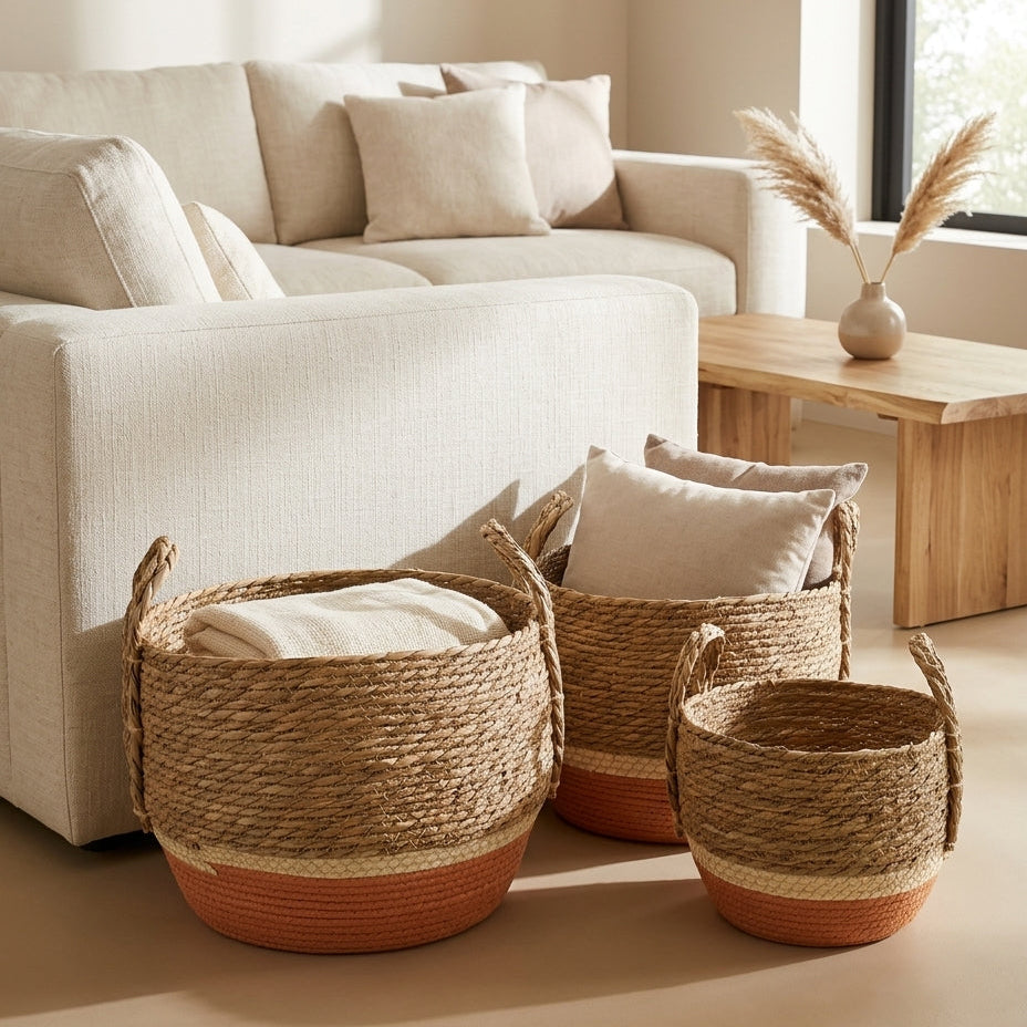 Three nested woven seagrass baskets with terracotta-colored bases are arranged in front of a light beige sofa in a bright, modern living room.