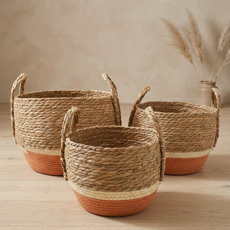 Three woven natural fiber storage baskets with orange-painted bases, arranged on a light wood surface against a neutral beige background.