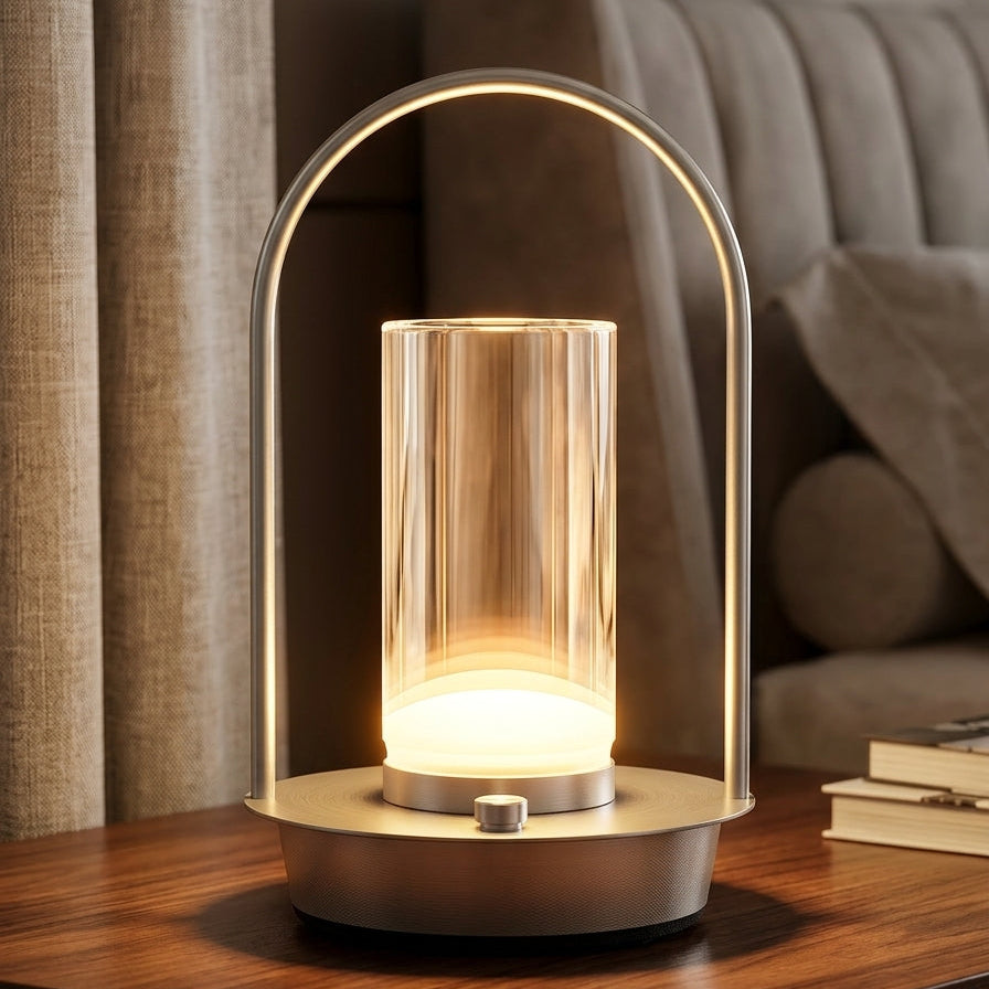 A modern table lamp with a glowing cylindrical glass shade, a curved metal top frame, and a round base, placed on a wooden table in a softly lit living room setting.