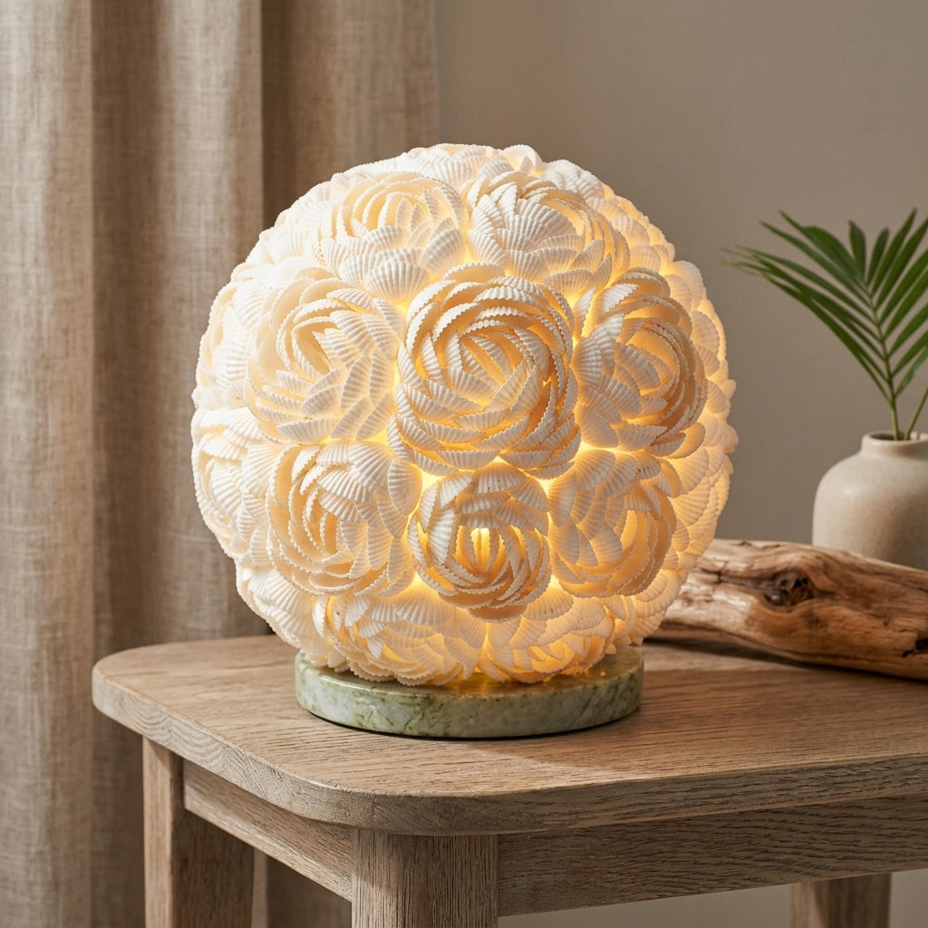 A spherical decorative lamp with carved white floral or rosette patterns, glowing warm yellow from within, set on a small round base on a wooden table in a styled interior scene.