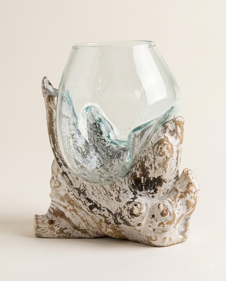 A clear glass bowl-shaped vase with a textured, organic sculptural base resembling weathered wood or stone in beige, brown, and gray tones, photographed on a warm off-white background.