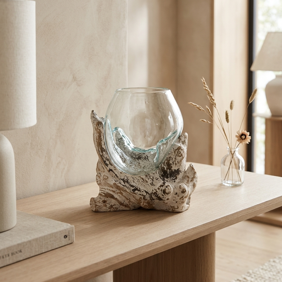 A clear glass bowl vase with a textured, organic beige and gray driftwood base, styled on a light wood console table in a warm, modern interior setting.