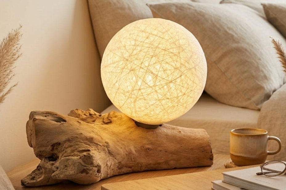 A glowing spherical woven lamp sits on a rustic wood slab beside a wooden side table in a softly styled bedroom or living space with beige pillows, books, glasses, and dried grass decor.
