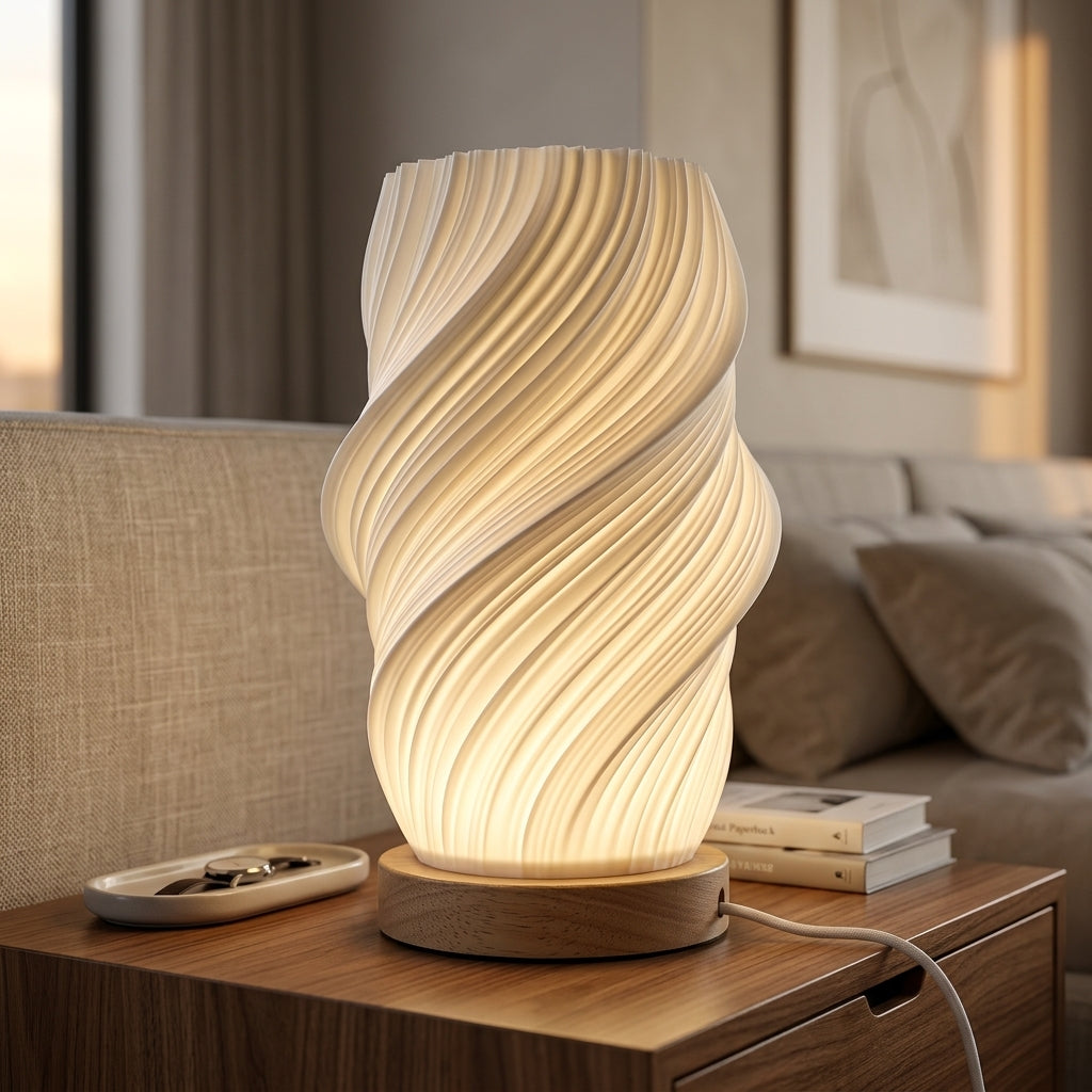 A modern spiral-shaped table lamp with a glowing warm light, resting on a wooden side table in a cozy living room setting.