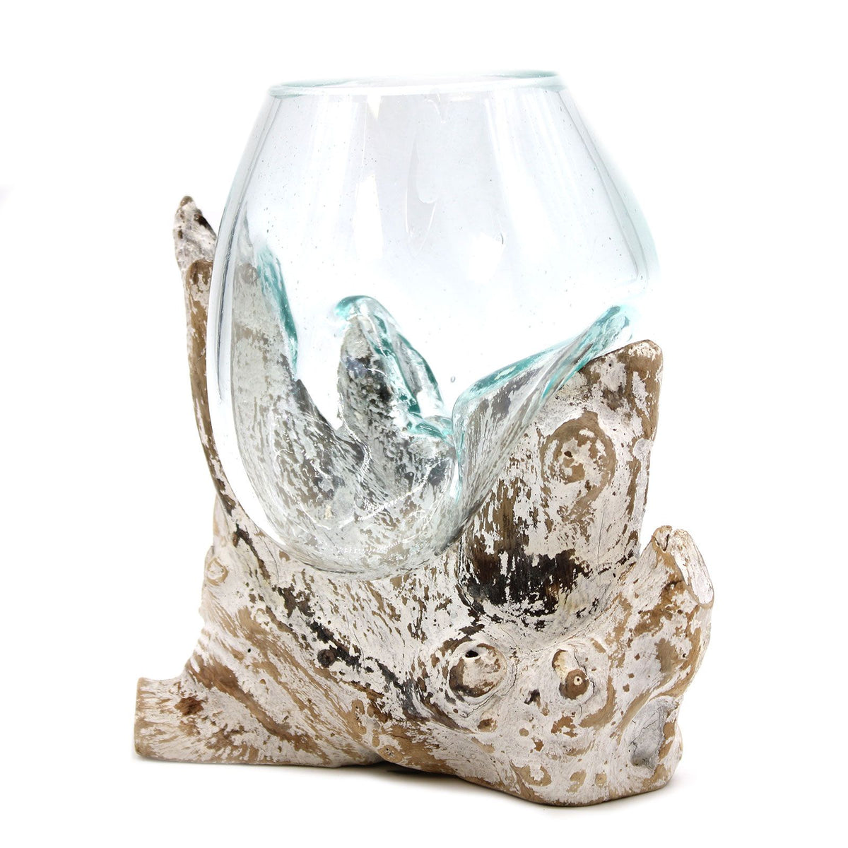 Decorative vase with glass base and wooden base on a white background