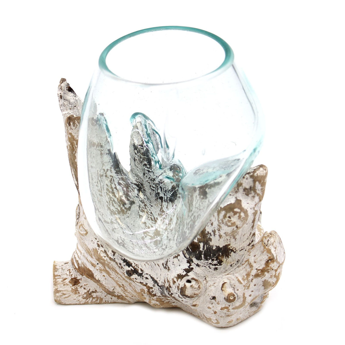 Decorative glass holder with natural wood base on a white background