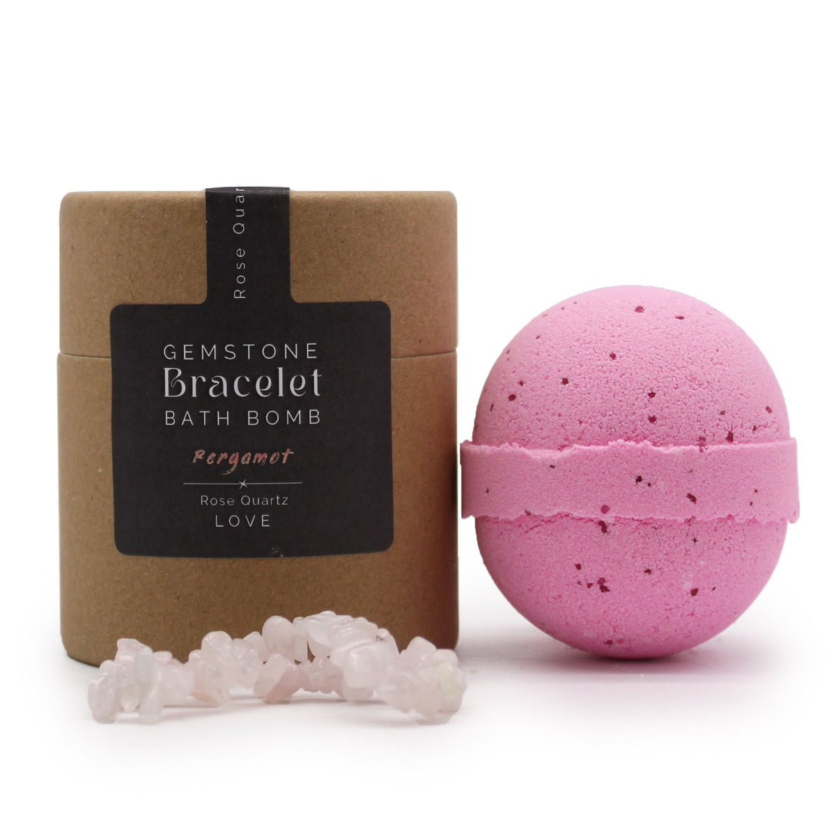 Pink bath bomb with 'Gemstone Bracelet' packaging on a white background