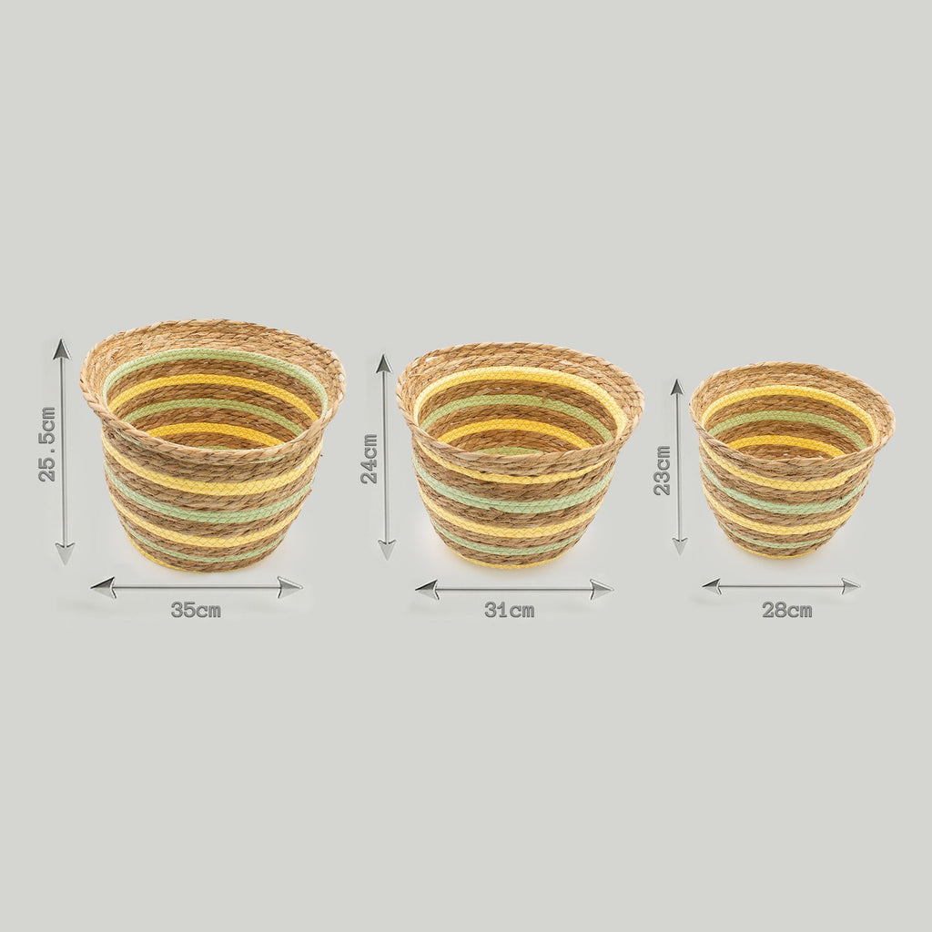 Three woven baskets of different sizes with dimensions indicated on a gray background