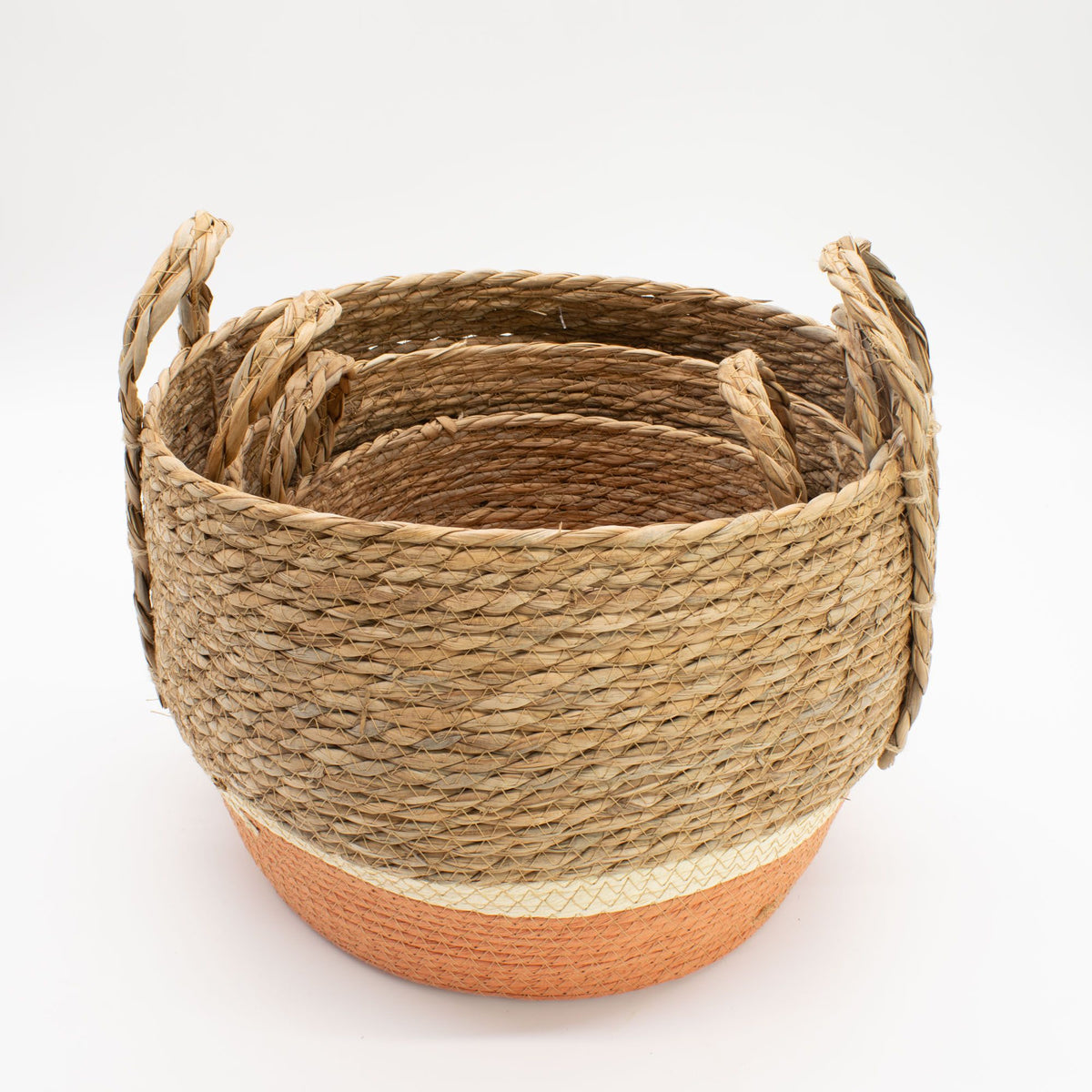 Woven basket with a natural rope design on a white background