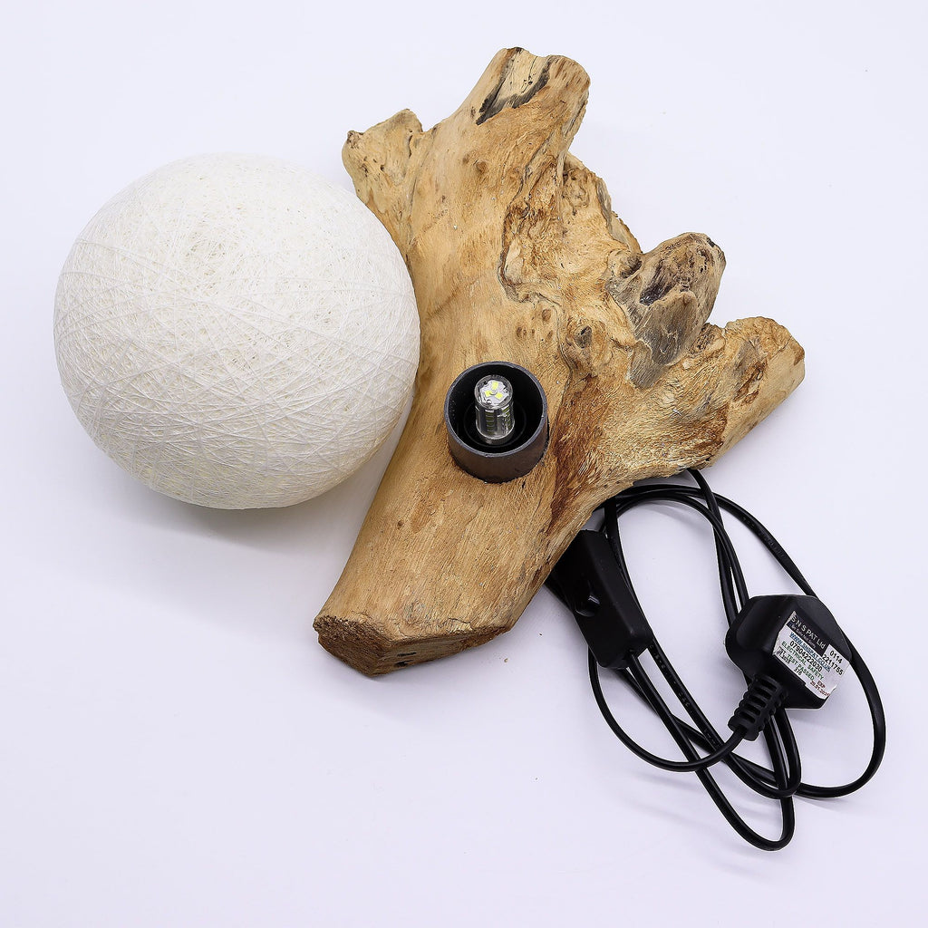 Driftwood lamp with a white sphere and power cord on a white background