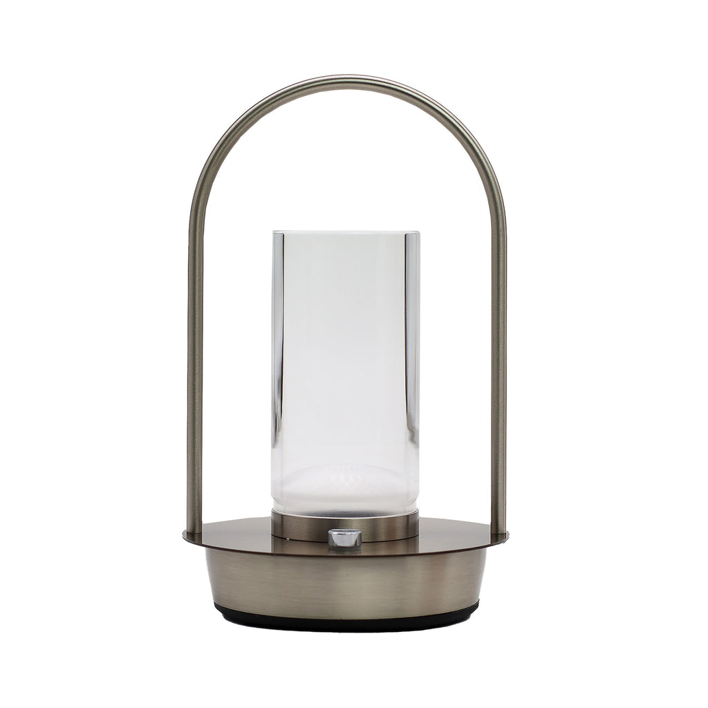 Modern outdoor lantern with glass shade and metal base on a white background