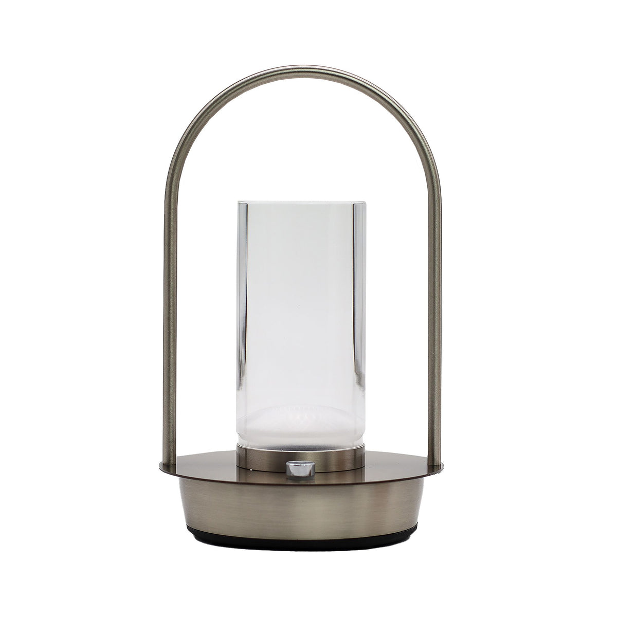 Modern outdoor lantern with glass shade and metal base on a white background