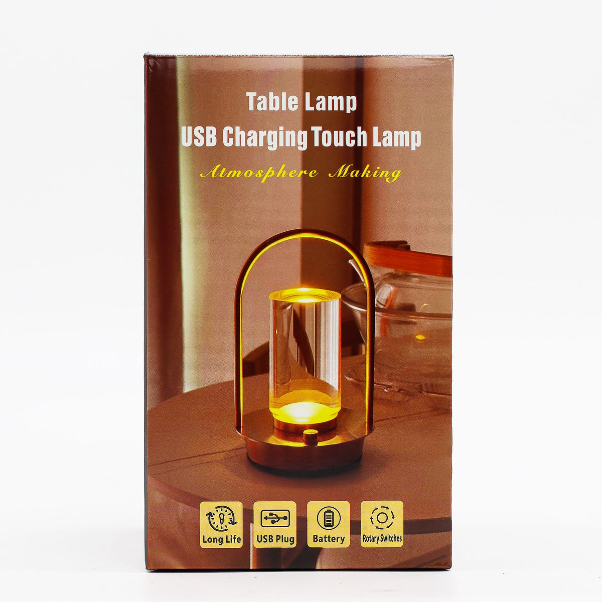 Box for a table lamp with USB charging and touch control features.