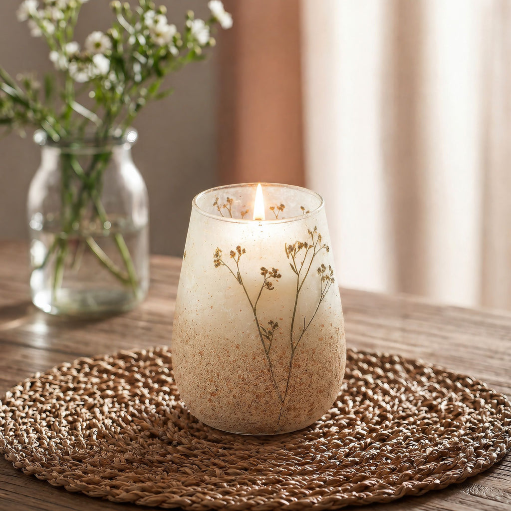 Candle in a textured glass holder with dried flowers on a woven mat, next to a jar of flowers.