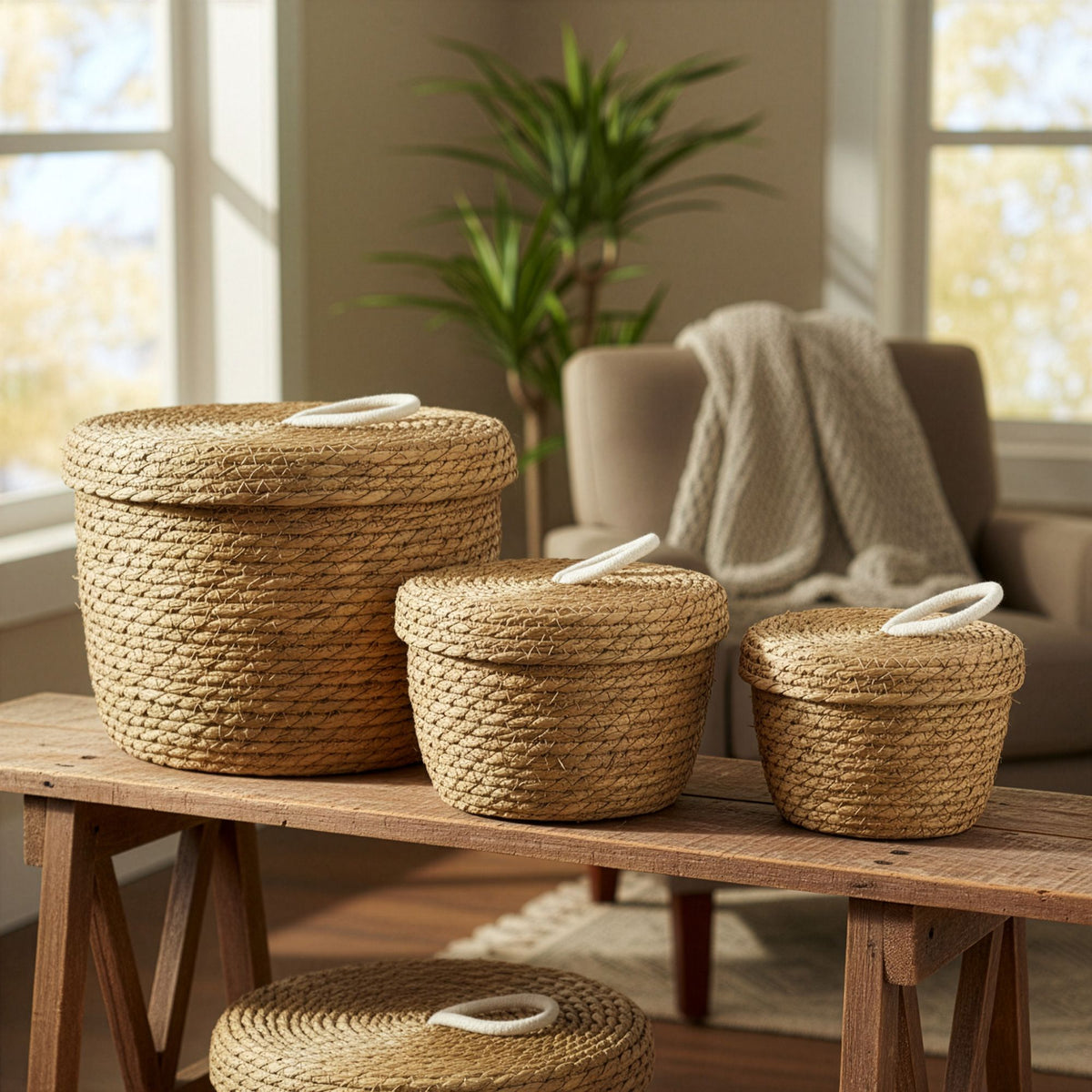Three woven baskets on a wooden table with a cozy living room background