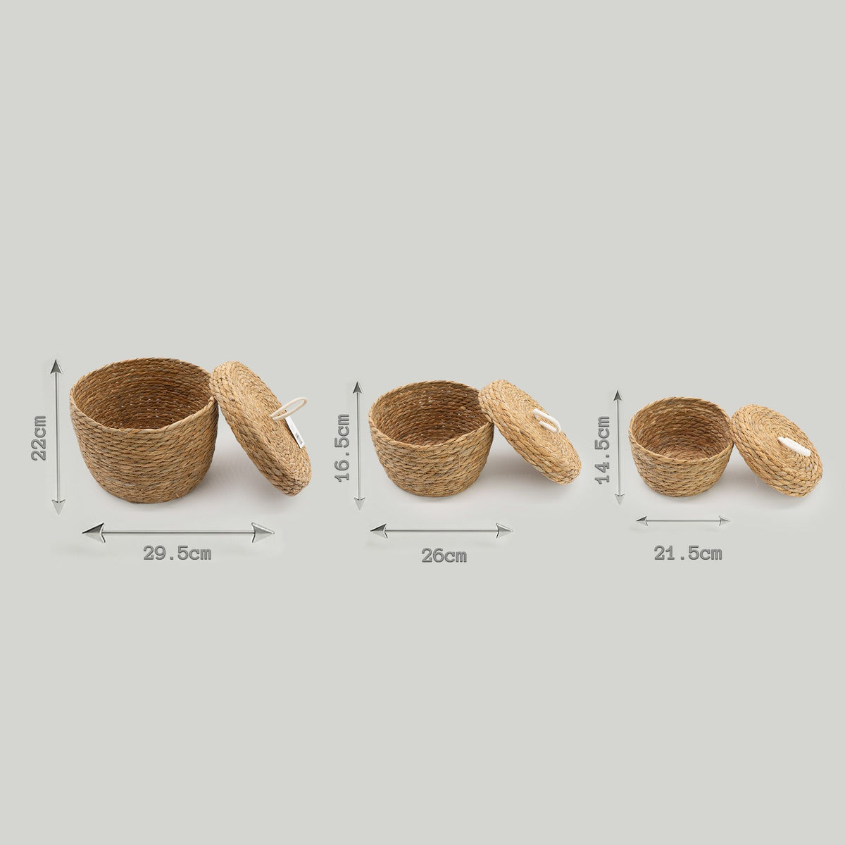Woven baskets with dimensions indicated on a gray background