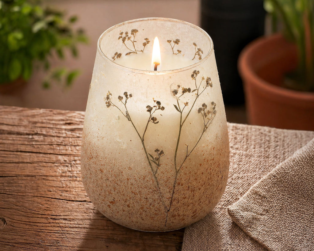 Candle in a textured holder with dried flowers on a wooden surface, surrounded by plants.