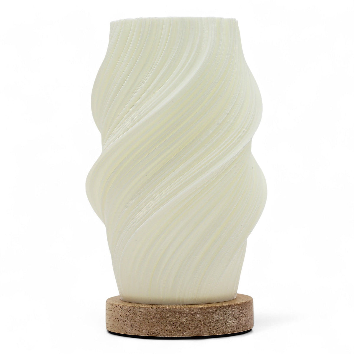 White textured vase with wooden base on a white background