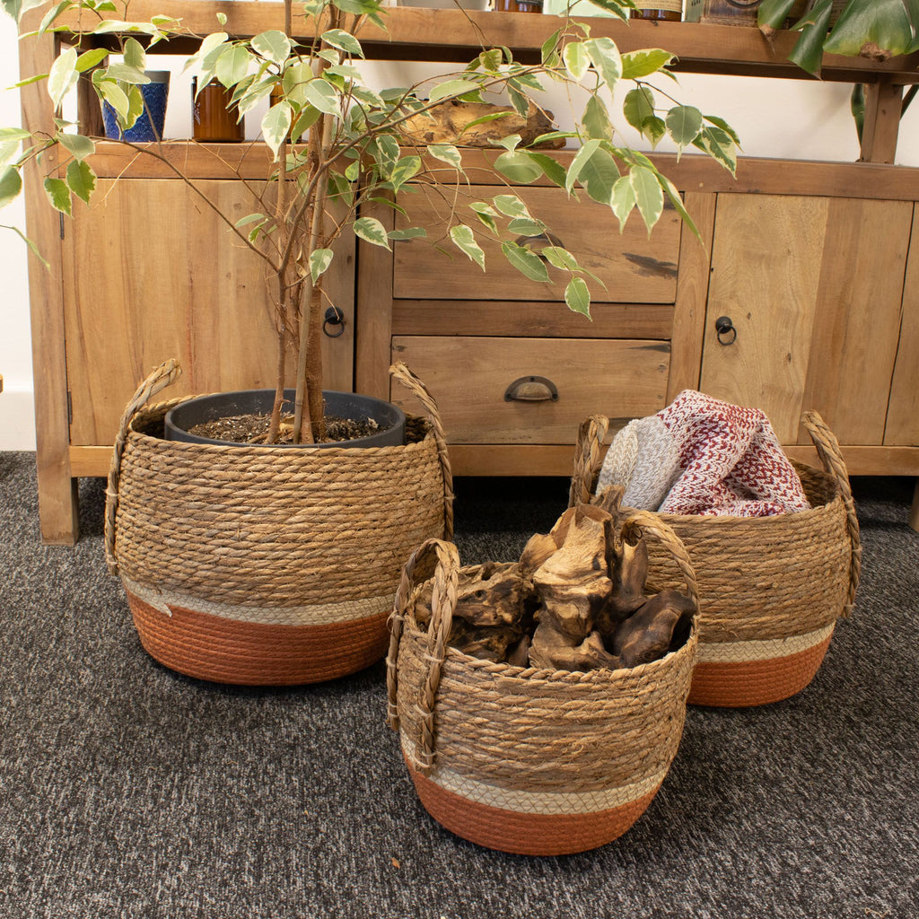 Woven planters with plants and knitted items on a carpeted floor.