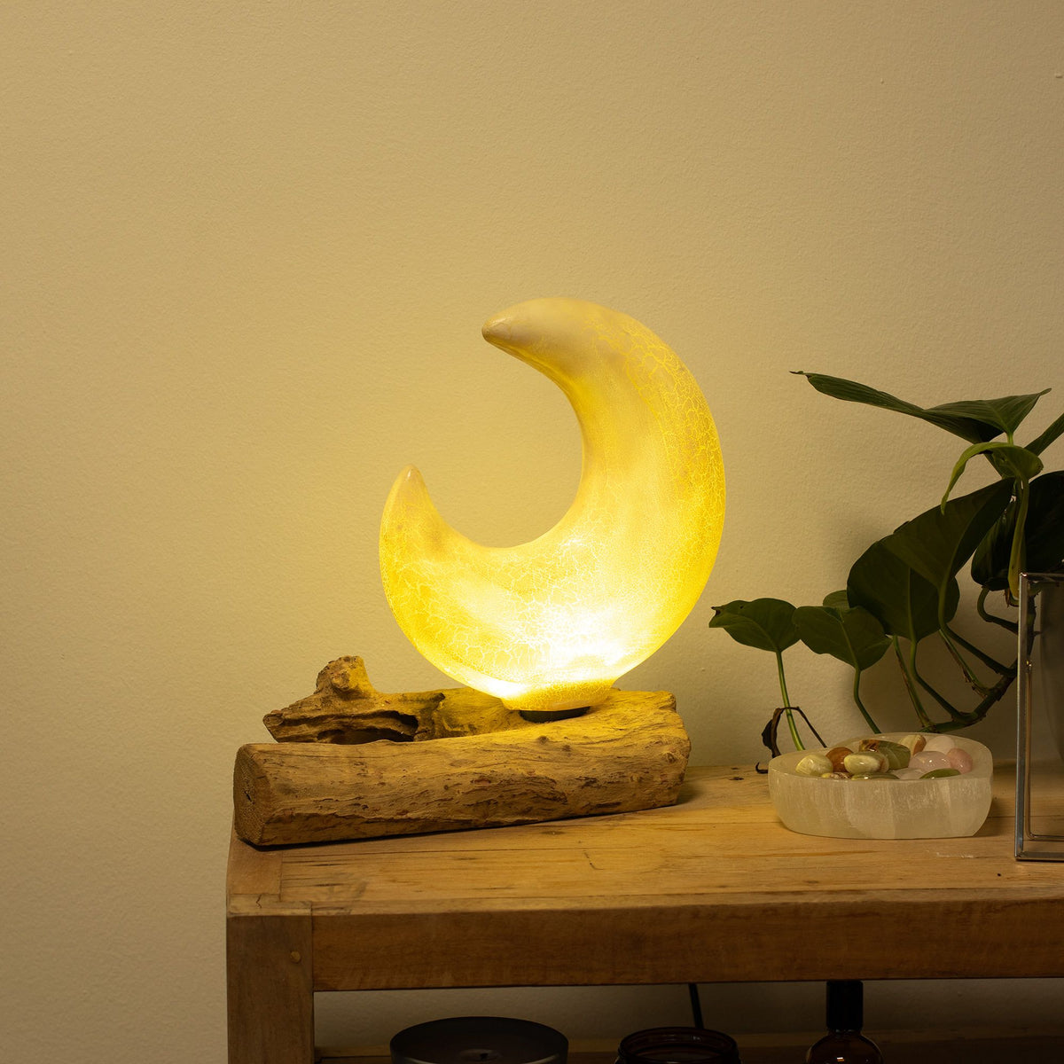 Moon-shaped lamp on a wooden surface with a plant in the background