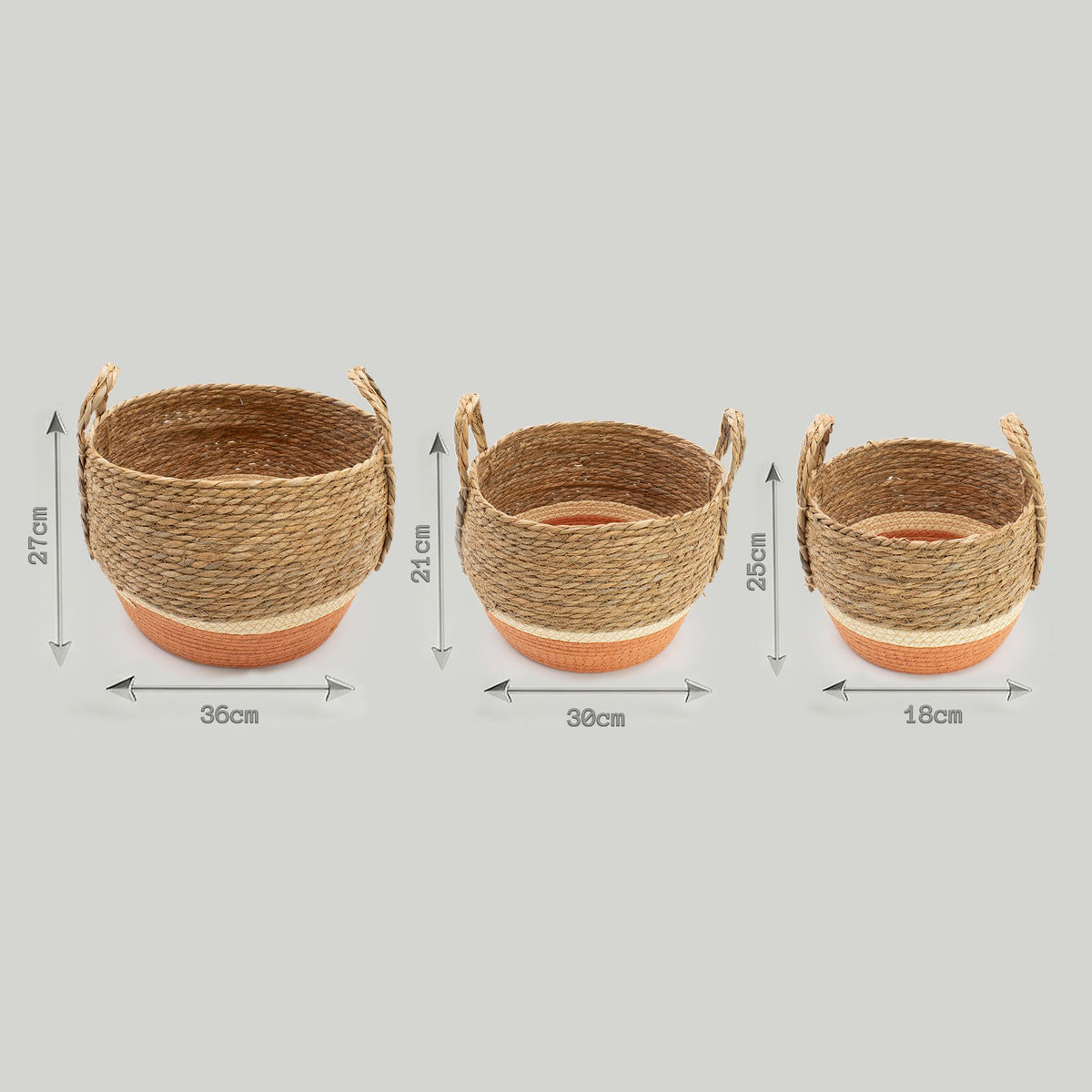 Three woven baskets with dimensions indicated on a gray background